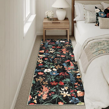 Floral Runner Rug 2x5 Washable Hallway Long Black Bedroom Carpet Non Slip Indoor Boho Kitchen Low Pile Accent Rug Lightweight Soft for Bathroom Dining Laundry Living Room