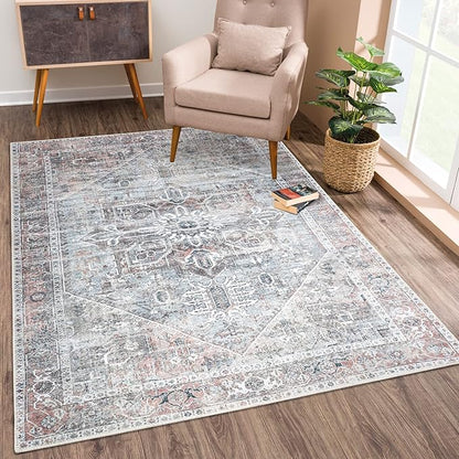 Bloom Rugs Washable Non-Slip 9' x 12' Rug - Light Pink/Light Blue Traditional Medallion Area Rug for Living Room, Bedroom, Dining Room, and Kitchen - Exact Size: 9' x 12'