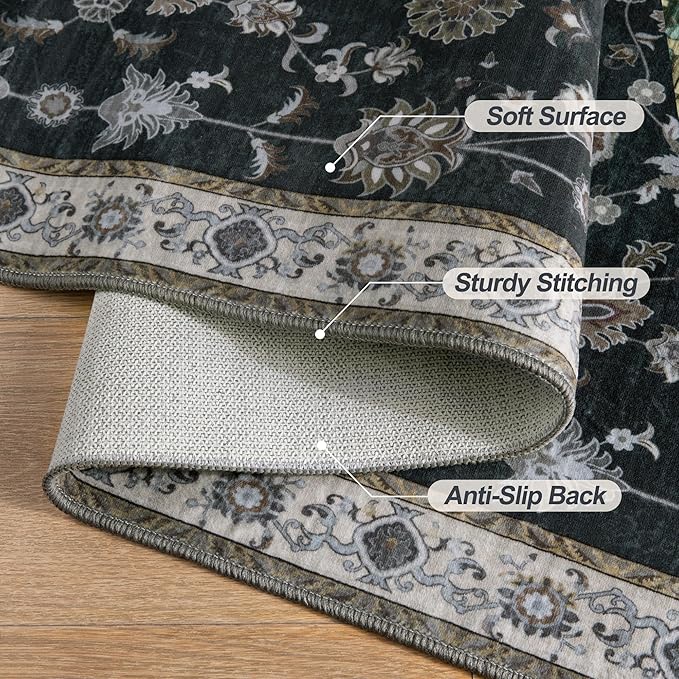 Tangsoo Floral Runner Rug 2x6 Washable Rug for Hallway, Non-Slip Vintage Black Runner Rug for Entryway Indoor, Brown Print Carpet Runner Rugs, Soft Low Pile Long Rug Runner for Kitchen