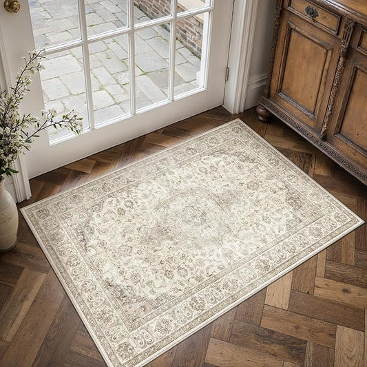 HUGEAR 2x3 Entrance Area Rug Vintage Brown Small Rug Machine Washable Door Mat Neutral Floral Low Pile Carpet Vacuumable Thin Throw Rug Entryway Kitchen Bathroom Bedroom Non Slip Lightweight