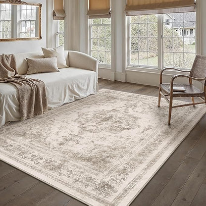 Area Rug 4x6 Beige Washable Office Entryway Vintage Medallion Carpet Non Slip Retro Indoor Mat Low Pile Soft Distressed Small Rug for Bedroom Kitchen Laundry Dining Room