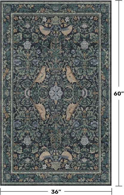 Vintage Large Entryway Rugs Indoor, 3x5 Washable Blue and Green Floral Rugs for Kitchen Floor, Bedroom Beside Bed, Non-Slip & Low Pile Stain Resistant Laundry Carpet with Plant & Bird Pattern