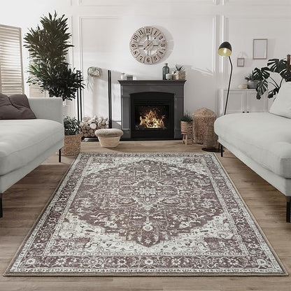 Bloom Rugs Washable Non-Slip 6' x 9' Rug - Dark Brown Traditional Medallion Area Rug for Living Room, Bedroom, Dining Room, and Kitchen - Exact Size: 6' x 9'