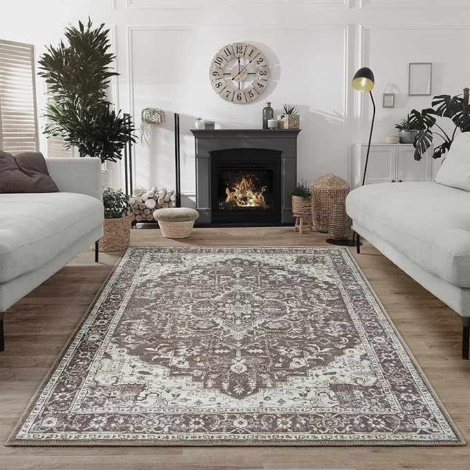 Bloom Rugs Washable Non-Slip 4' x 6' Rug - Dark Brown Traditional Medallion Area Rug for Living Room, Bedroom, Dining Room, and Kitchen - Exact Size: 4' x 6'