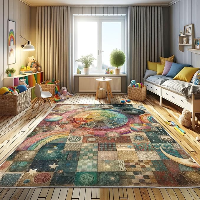 Ambesonne Planets Decorative Rug, Vintage Patchwork Ornaments and Outer Space Globes Pattern Colorful Design Print, Quality Carpet for Bedroom Dorm and Living Room, 2' 2" x 3' 7", Multicolor