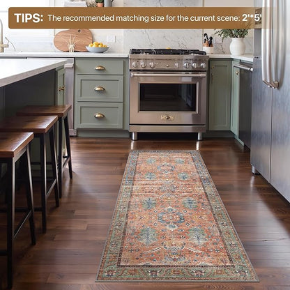 Bavni Bedroom Rug Runners for Hallways, Washable Runner Rug 2x10, Low Pile Non-Slip Indoor Throw Carpet for Bedroom Laundry Room, Terracotta/Blue