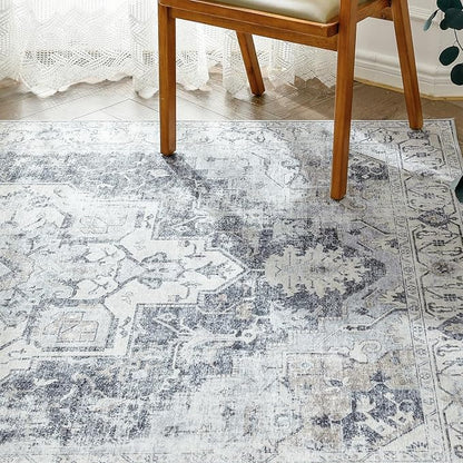 jinchan Kelda Area Rug 9x12 Washable Living Room Rug Vintage Indoor Large Floor Cover Distressed Lightweight Non-Slip Low Pile Thin Mat Accent Stain Resistant Carpet for Bedroom Office Grey