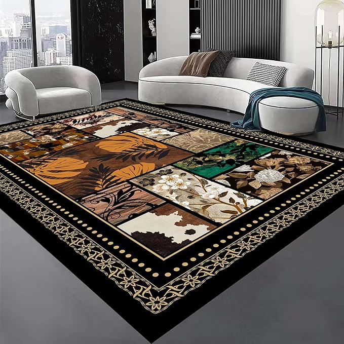 Floral Tropical Patchwork Area Rug 3x5ft, Vintage Black & Brown Country Carpet, Low Pile Non-Slip Mat for Cozy Bedroom, Dining Room, Farmhouse Decor
