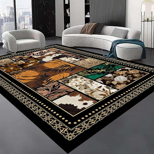 Floral Tropical Patchwork Area Rug 6x9ft, Vintage Black & Brown Country Carpet, Low Pile Non-Slip Mat for Cozy Bedroom, Dining Room, Farmhouse Decor