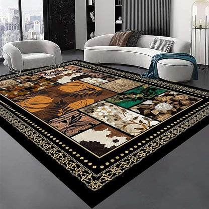 Floral Tropical Patchwork Area Rug 7x9ft, Vintage Black & Brown Country Carpet, Low Pile Non-Slip Mat for Cozy Bedroom, Dining Room, Farmhouse Decor