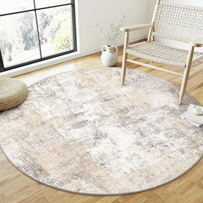 4x4 Washable Round Rug Beige Grey Abstract Entryway Area Rug Neutral Modern Non Slip Soft Low Pile Carpet for Bathroom Kitchen Living Room Bedroom Entrance