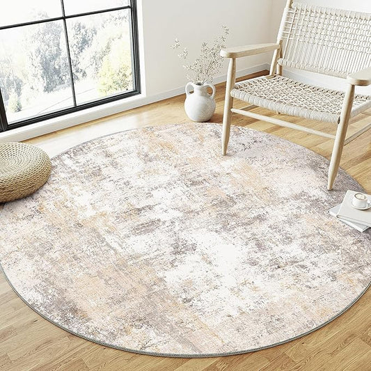 3x3 Washable Round Rug Beige Grey Abstract Entryway Area Rug Neutral Modern Non Slip Soft Low Pile Small Carpet for Bathroom Kitchen Living Room Bedroom