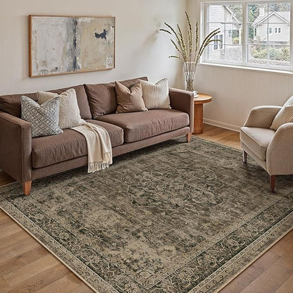 Entryway Area Rug 3x5 Washable Brown Vintage Distressed Carpet Oriental Soft Thin Indoor Rug for Office Non Slip Low Pile Throw Rug for Kitchen Bathroom Bedroom Dining Living Room