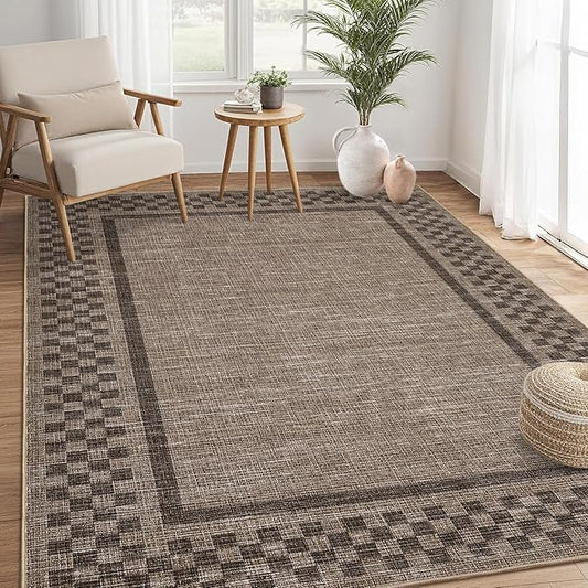 GarveeHome Modern Bordered 9x12 Area Rugs for Living Room Bedroom Soft Washable Large Bedroom Throw Carpet Non Slip Checkered Geometric Rugs for Dining Room Home Decor Office, Brown