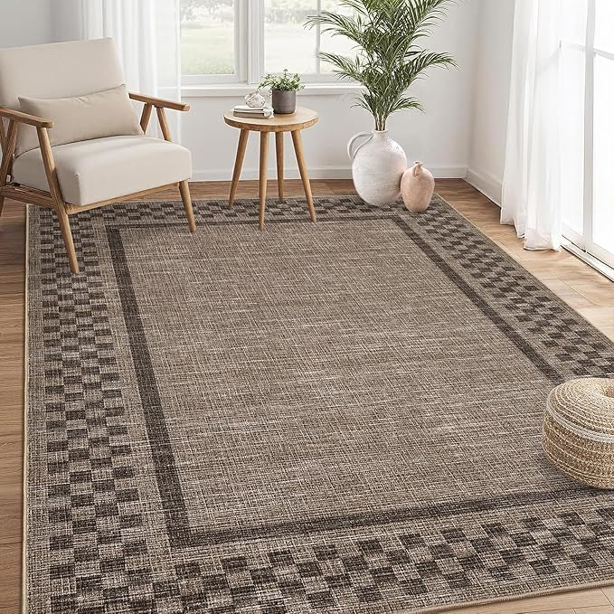 GarveeHome 4x6 Rug Small Washable Living Room Rug Modern Bordered Area Rugs with Rubber Backing Soft Non Slip Low Pile Dining Room Throw Carpet Checkered Geometric Mats for Bedroom Kitchen, Brown