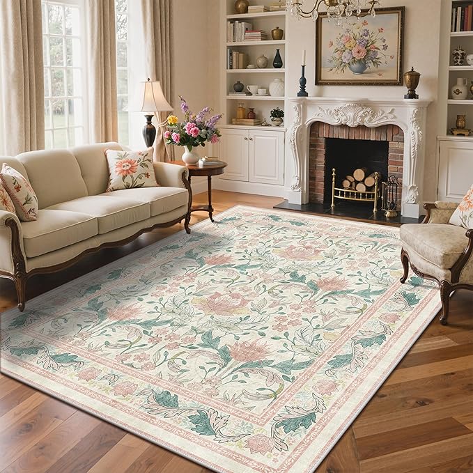 Bavni 8x10 Area Rugs for Living Room, Microfiber Machine Washable Non-Slip Vintage Floral Rug, Low Pile Lightweight Carpet for Bedroom, Dining Room, Home Office, Beige&Pink
