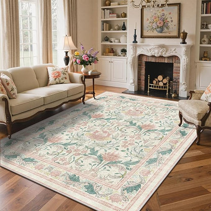 Bavni 8x10 Area Rugs for Living Room, Microfiber Machine Washable Non-Slip Vintage Floral Rug, Low Pile Lightweight Carpet for Bedroom, Dining Room, Home Office, Beige&Pink