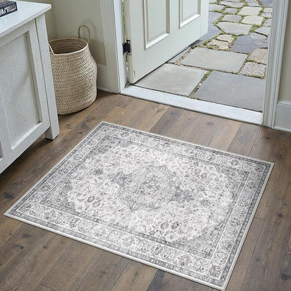 HUGEAR 2x3 Entryway Area Rug Vintage Grey Small Rug Machine Washable Door Mat Neutral Floral Low Pile Carpet Vacuumable Thin Throw Rug Entrance Kitchen Bathroom Bedroom Non Slip Lightweight