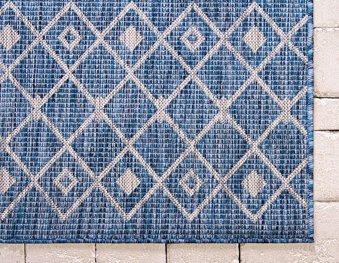 Unique Loom Outdoor Trellis Collection Area Rug - Tribal Trellis (10' x 13' 1" Rectangle, Blue/ Ivory)