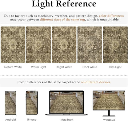 4x5 Washable Area Rug for Entryway Office Brown Vintage Non-Slip Low Pile Distressed Rustic Carpet Lightweight Vacuumable Soft Throw Rug for Living Room Indoor Dining Room