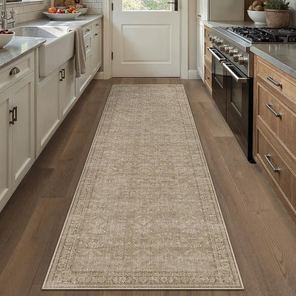 2x10 Light Brown Area Rug Runners for Hallways Washable Vintage Distressed Carpet Low Pile Non Slip Indoor Retro Soft Long Accent Rug Bedroom Kitchen Bathroom Laundry Dining Living Room