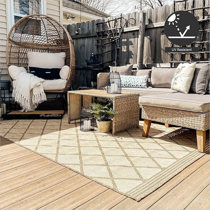 FH Home Flat Woven Outdoor Rug - Waterproof, Easy to Clean, Stain Resistant - Premium Polypropylene Yarn - Moroccan Geometric Lattice - Patio, Porch, Deck, Balcony - Tunis - Sand - 5ft 4in x 7ft 6in