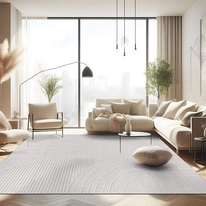 CAMILSON Micro Loop Rug 8x10 Modern Luxury Geometric Arch Area Rugs Soft High and Low Pile Stain Resistant Easy-Cleaning Non-Shedding for Living Room Indoor Carpet (8 x 10 / White)