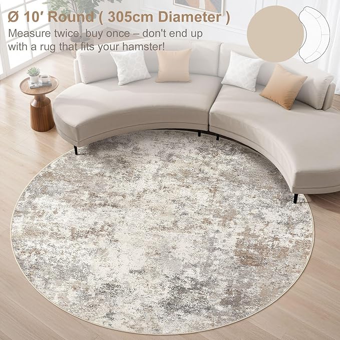 10ft Round Area Rug Living Room Rugs - 10x10 Washable Large Neutral Modern Abstract Soft Thin Rug Indoor Floor No Slip Rug Carpet for Bedroom Under Dining Table Home Office Decor - Brown Grey