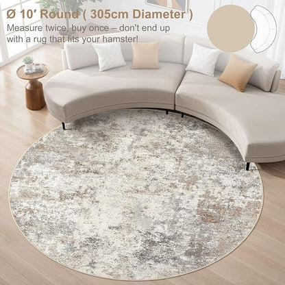 10ft Round Area Rug Living Room Rugs - 10x10 Washable Large Neutral Modern Abstract Soft Thin Rug Indoor Floor No Slip Rug Carpet for Bedroom Under Dining Table Home Office Decor - Brown Grey
