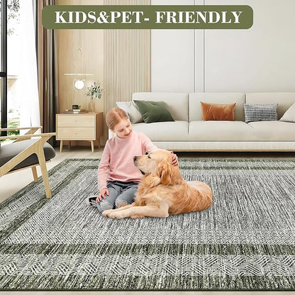 GarveeHome Modern Geometric Area Rug 5x7 Distressed Bordered Rug Washable Non Slip Floor Carpet Non Shedding Thin Rug, Soft Low Pile Rug, Contemporary Green Rug for Dining Room, Living Room