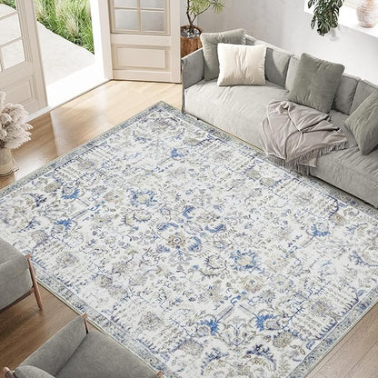 jinchan Kalen Area Rug 8x10 Washable Living Room Rug Soft Vintage Indoor Thin Retro Distressed Floor Cover Blue Floral Country Boho Rug Non Slip Carpet for Bedroom Office Dining Room