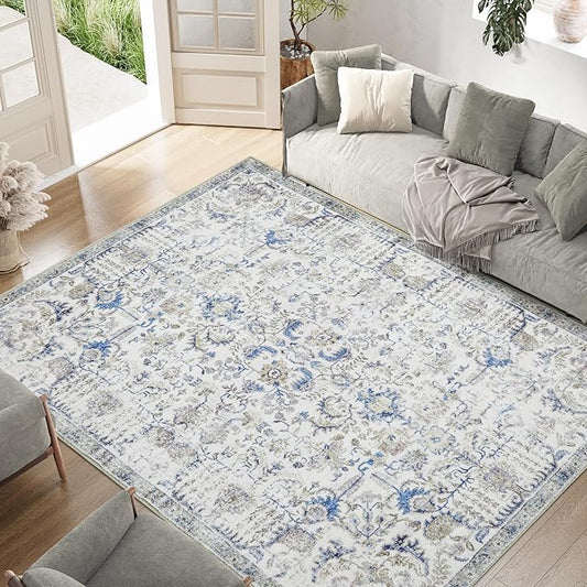 jinchan Kalen Area Rug 8x10 Washable Living Room Rug Soft Vintage Indoor Thin Retro Distressed Floor Cover Blue Floral Country Boho Rug Non Slip Carpet for Bedroom Office Dining Room