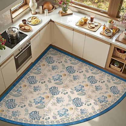 jinchan Elora Floral Corner Rug for Washable Nursery Rug Vintage Romance Design Non Slip Quarter Circle Lightweight Low-Pile Throw Carpet for Playroom Reading Nook Office, 5ft Radius, Blue/Beige