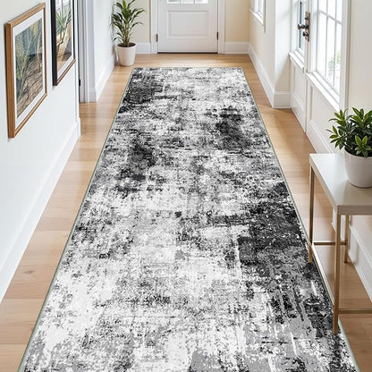 4x12 Runner Rug for Wide Hallway: Long Washable Runners for Entryway Living Room Dining Room - Stain and Water Resistant Rugs with Non-Slip Backing - Soft Low-Pile Carpet Black Grey