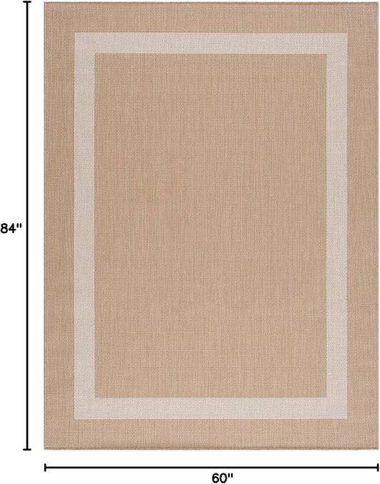 CAMILSON Outdoor Rug 5x7, Modern Outside Rugs for Patios Porches Waterproof Durable Washable Non-Shedding, Easy-to-Clean Indoor Outdoor Area Carpet (5 x 7, Bordered - Beige/White)