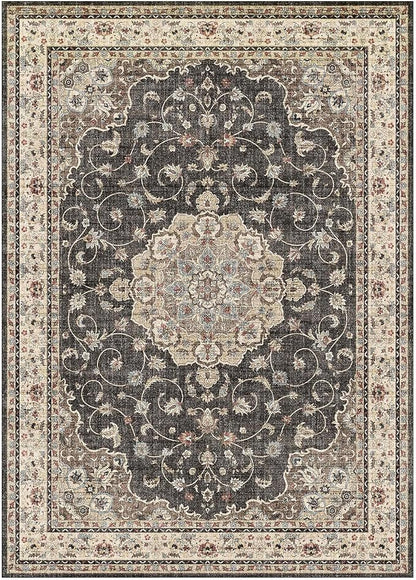 HUGEAR Machine Washable Area Rugs 5x7 Vintage Black Living Room Bedroom Rug Neutral Style Non Slip Stain Resistant Low Pile Throw Carpet for Home Retro Aesthetic Modern Decor