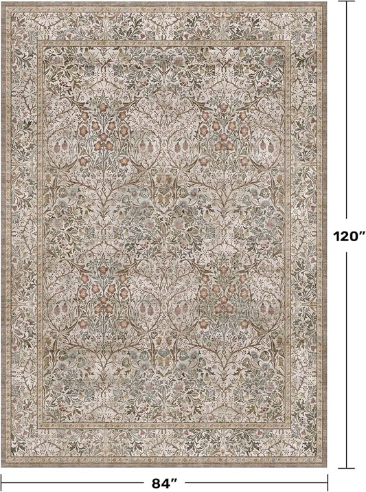 Vintage Moss Green Living Room Rug, 7x10 Washable Large Area Rugs for Bedroom, Dining Room Rugs Under Kitchen Table, Oriental Taupe Low Pile Stain Resistant Non-Slip