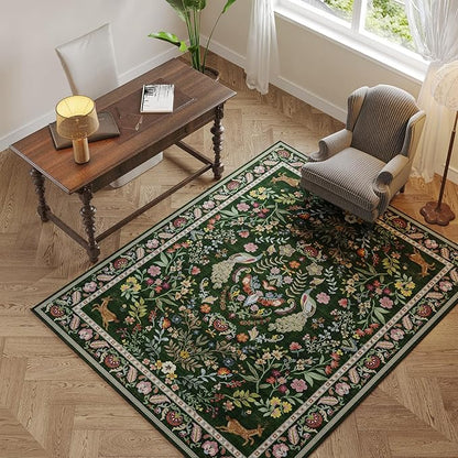 Area Rug 4x6 Rug Washable Rugs Floral Non Slip Low Pile Small Carpet for Bedroom, Bedside, Kids Room, Office, Dining Room (Emerald Green)