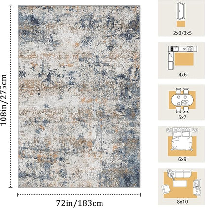 6x9 Washable Area Rug for Living Room, Multicolor Modern Vintage Abstract Rug Large Non-Slip Low Pile Soft Faux Wool Carpet, Kids and Pets Friendly for Bedroom Dining Room Farmhouse Home Decor Rug