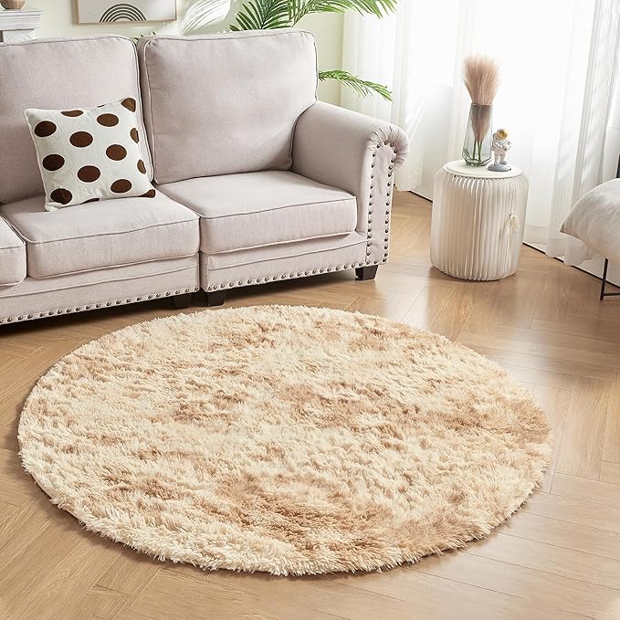 Andency Tie-Dyed Beige Round Area Rug for Living Room, 6x6 ft Shag Rug for Bedroom, Fluffy Circle Carpet for Home Decor, Room, Fuzzy Plush Circular Rug for Dorm Playroom