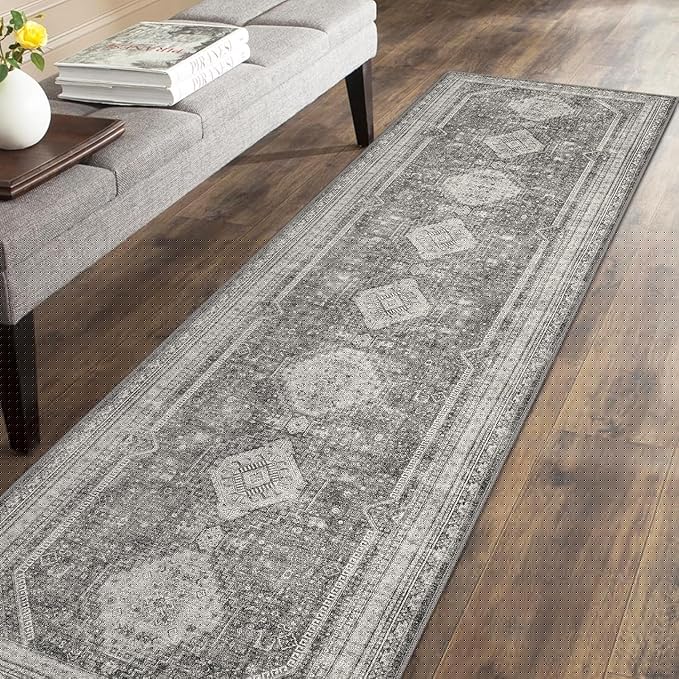 GENIMO Runner Rug 2x10 Non Slip Machine Washable Hallway Runner Rug, Low Pile Lightweight Rugs for Entryway, Hallway, Kitchen and Corridor, Vintage Grey