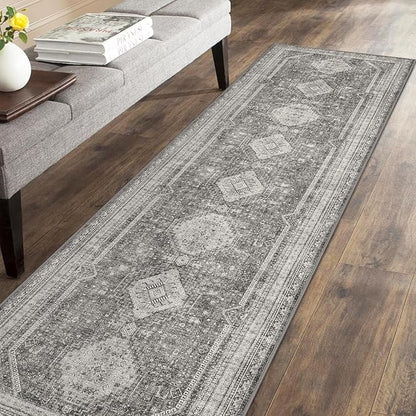 Bavni Runner Rug 2x5 Kitchen Rugs for Hallways Entryway, Washable Vintage Print Carpet, Low Pile Lightweight Rug with Non Slip Backing, Vintage Grey