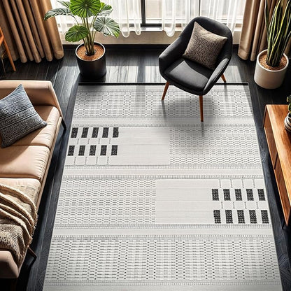CAMILSON Modern Rug 6x9 Luxury Geometric Pattern Micro Loop Area Rugs Soft High and Low Pile Stain Resistant Easy to Clean Non-Shedding Durable Living Room Office Indoor Carpet (White/Black)