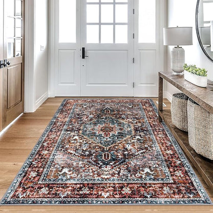 KOZYFLY Boho Area Rug 5x7 Ft Thin Rugs for Living Room Washable Bedroom Rug Non Slip Rugs Printed Faux Wool Vintage Bedroom Rug Floor Carpet for Dining Room Living Room, Brick Red/Orange/Green