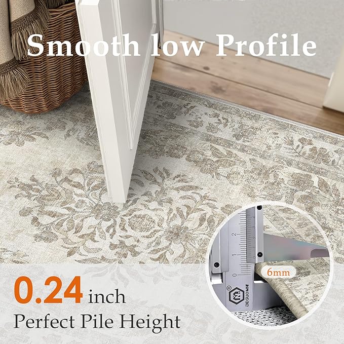 2x3 Area Rug Beige Washable Entryway Door Mat Indoor Vintage Medallion Floral Carpet Kitchen Bathroom Distressed Entrance Retro Small Non Slip Accent Throw Bedroom Office Dining Living Room