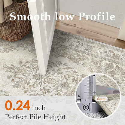2x3 Area Rug Beige Washable Entryway Door Mat Indoor Vintage Medallion Floral Carpet Kitchen Bathroom Distressed Entrance Retro Small Non Slip Accent Throw Bedroom Office Dining Living Room