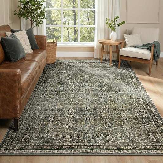 Lahome Sage Green Area Rug 6x9, Machine Washable Rugs for Living Room, Boho Vintage Soft Bedroom Carpet for Dining Room Nursery Apartment Office, Dark Green