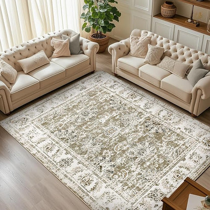 jinchan Fiora 8x10 Area Rugs for Living Room - Machine Washable Vintage Floral Distressed Design Stain Resistant Boho Carpet Low Pile Non-Slip Rug for Bedroom Dining Room Home Office (8‘x10', Taupe)
