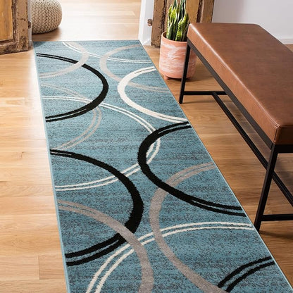 Rugshop Modern Wavy Circles Design Runner Rug, Carpet with Jute Backing for Hallway, Entryway, or Laundry Room, Blue, 2'7" x 6'