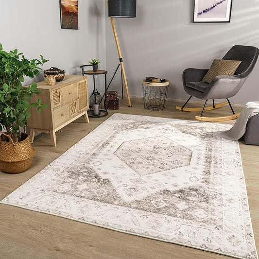 Paco Home Oriental Area Rug with Faded Vintage Look in Beige, Size: 6'7" x 9'2"